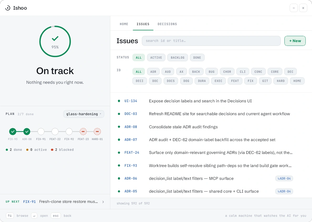 The Ishoo desktop app showing the issues view — a searchable, filterable list of work items shared by humans and AI agents.