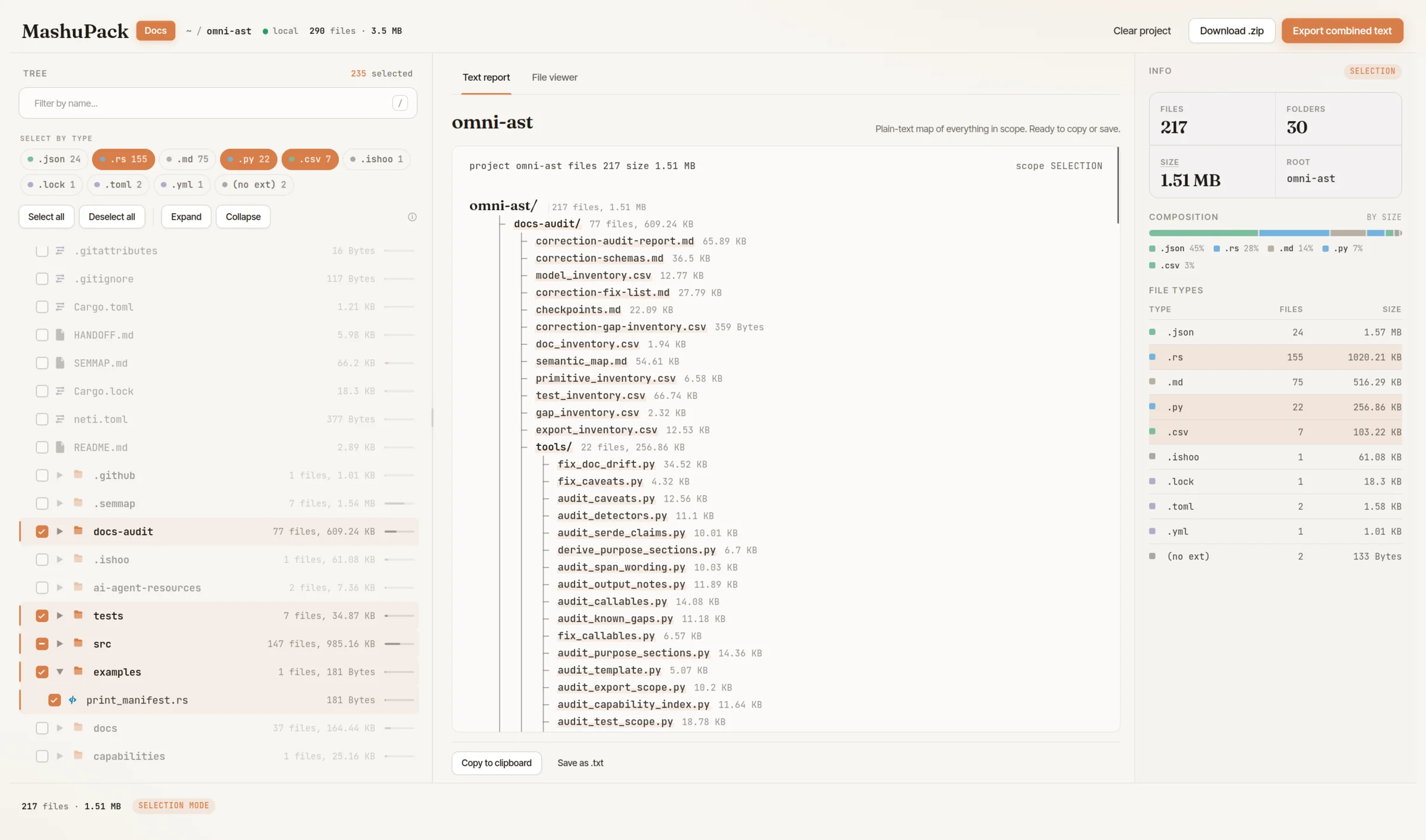 The MashuPack app — a folder loaded on the left, a clean combined text report in the center, and file-type statistics on the right.