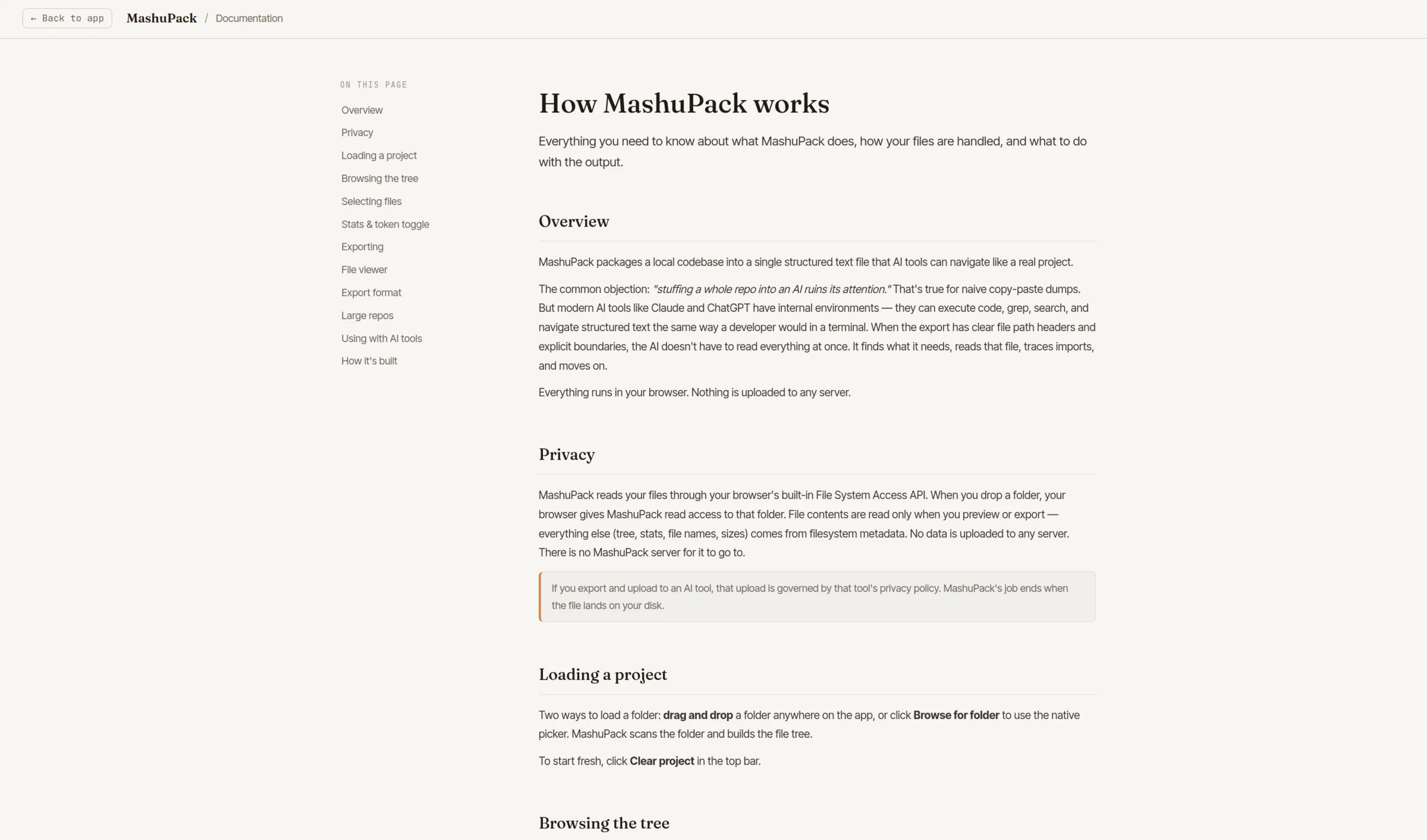 The MashuPack documentation page explaining how files are handled and exported.